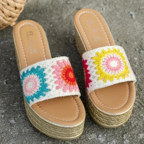 Women'S Wedge Heels Thick Bottom Colorful Braided Embroidery Beach Sandals - Picture 5 of 6